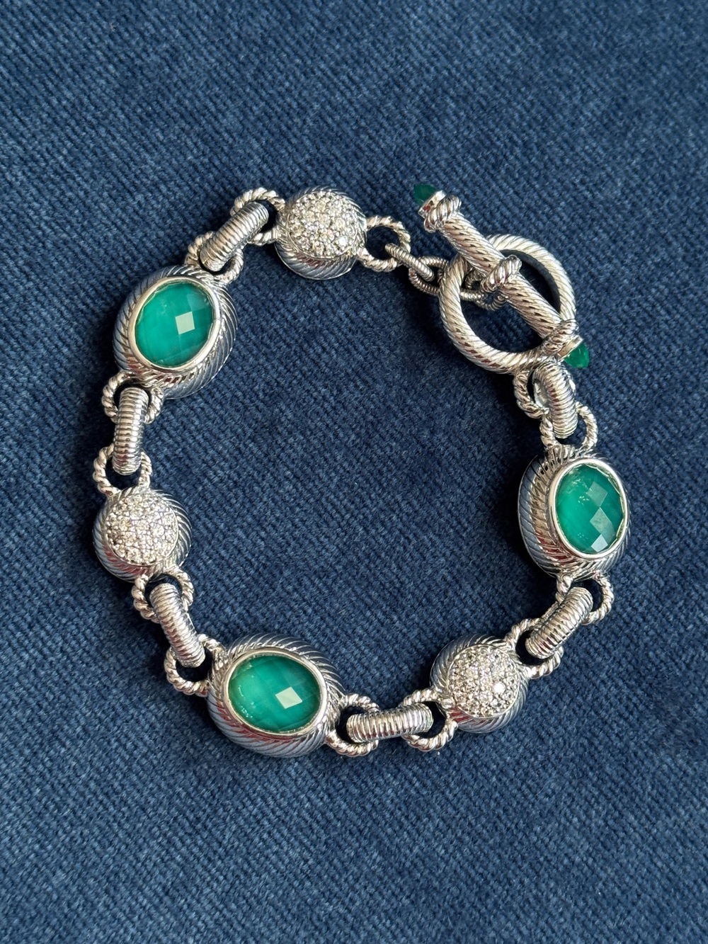 Judith Ripka Cubic Zirconia, Green Chalcedony 925 Sterling Silver Link bracelet